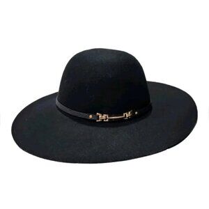 HOUSE OF HARLOW 1960 Black Wool Floppy Hat with Gold Tone Hardware